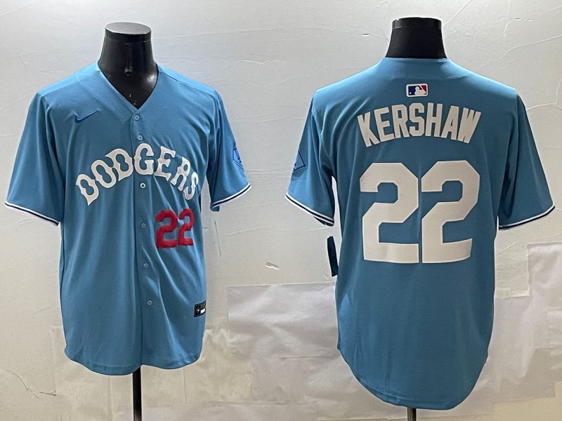 Men Los Angeles Dodgers #22 Kershaw Light Blue Joint Name 2025 Nike MLB Jersey style 9